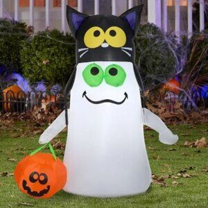 CUTE Ghost W/Cat Hat Gemmy Industries New Without Box Halloween Airblown